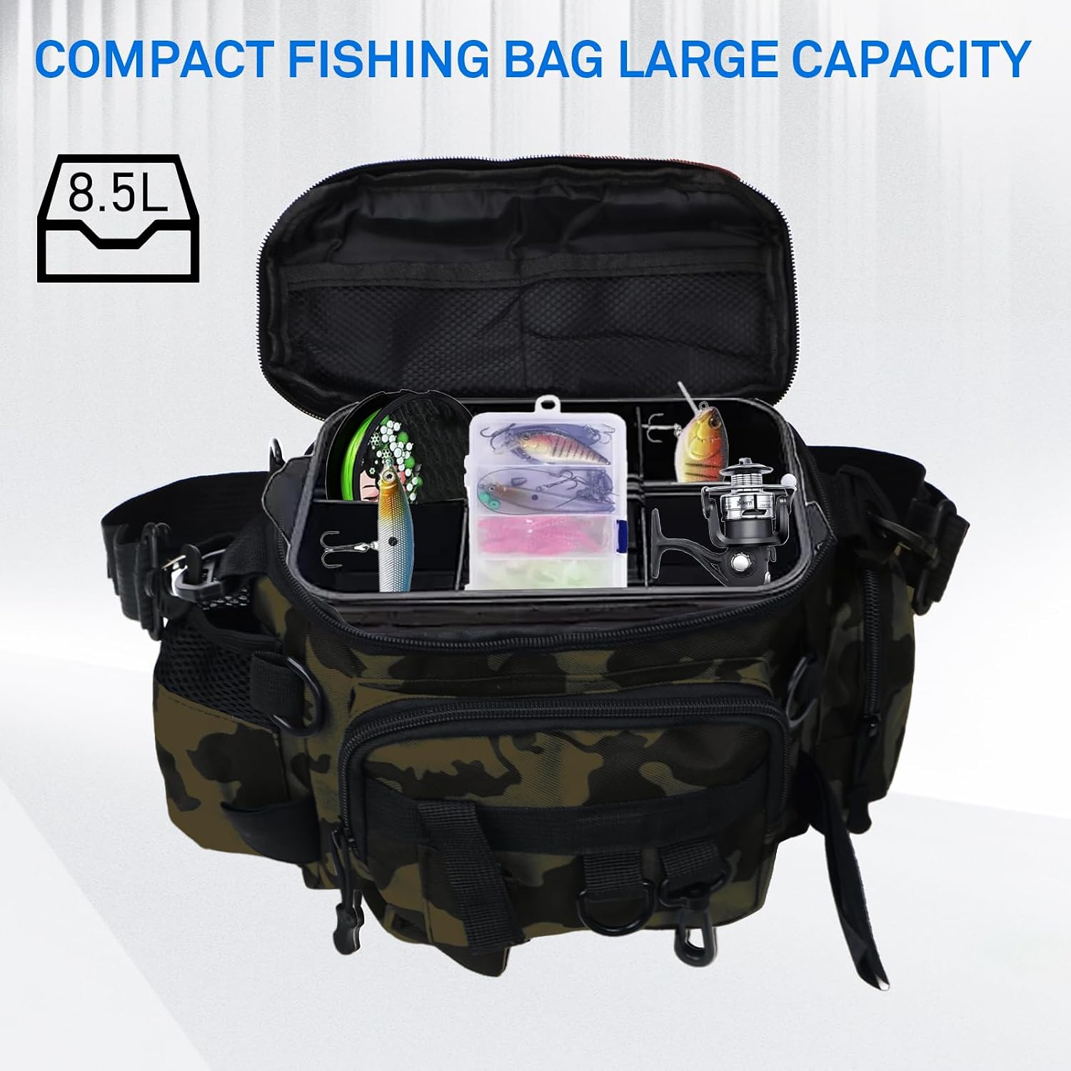 Fishing Waist Bag with Adjustable Belt/Shoulder Strap, Waterproof Tackle Storage Bag, Fishing Fanny Pack for Men, Shoulder Bag, Lures Organizer Pouch, Travel Pack for Running Hiking Outdoor