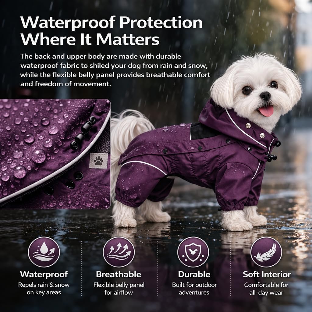 LOVELONGLONG Waterproof Dog Raincoat with Removable Hood – Outdoor Full Body Dog Jacket, Windproof Snowproof Shell Suit – All Season Pet Rain Gear Plum Purple 3XL