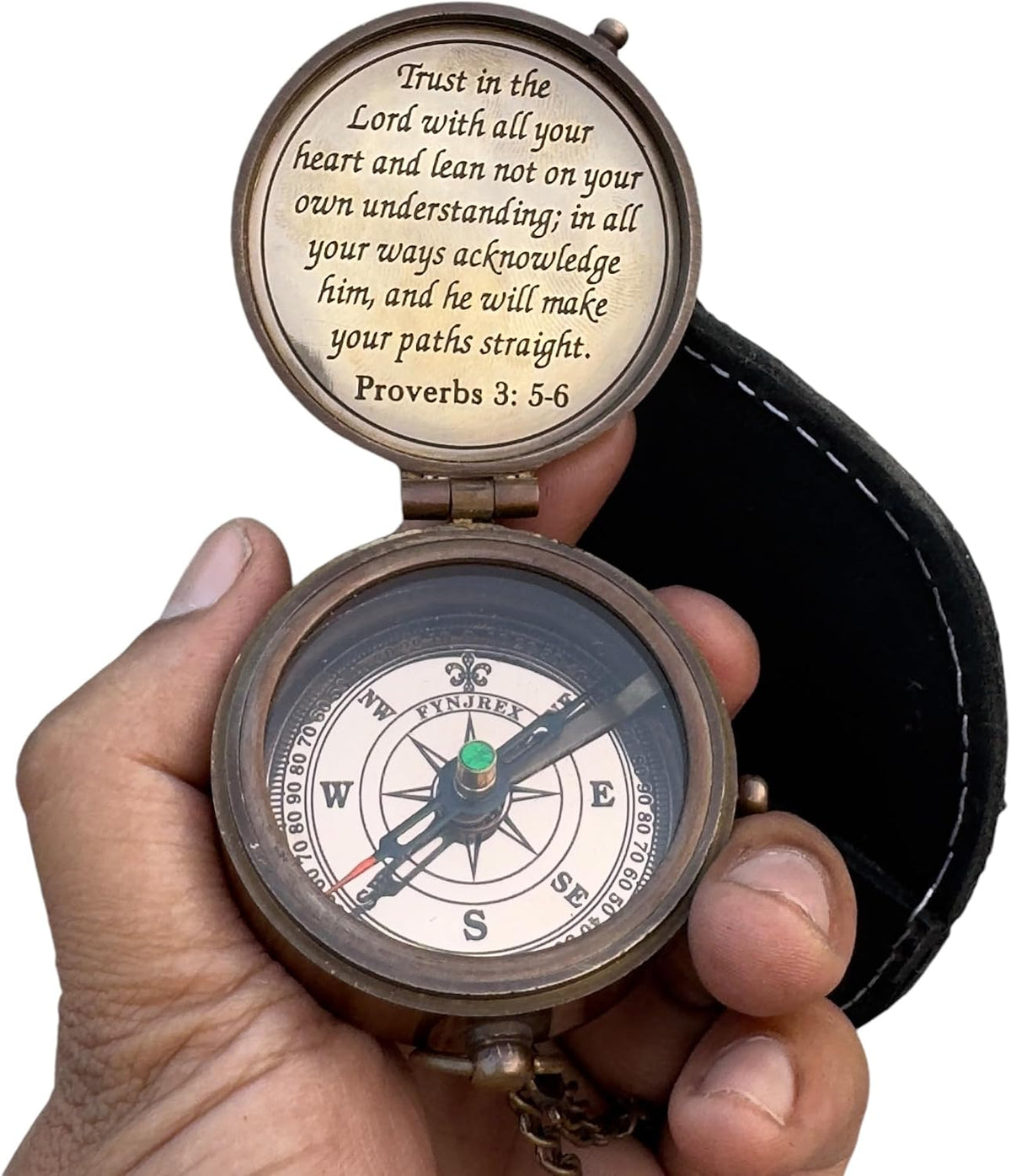 Proverbs 3: 5-6 Engraved Compass Gift for Men, Trust In The Lord Inscription Compasses Graduation Gift, Confirmation Gift, Baptism Religious Gift, Communion Survival Brass Compass With Leather Case