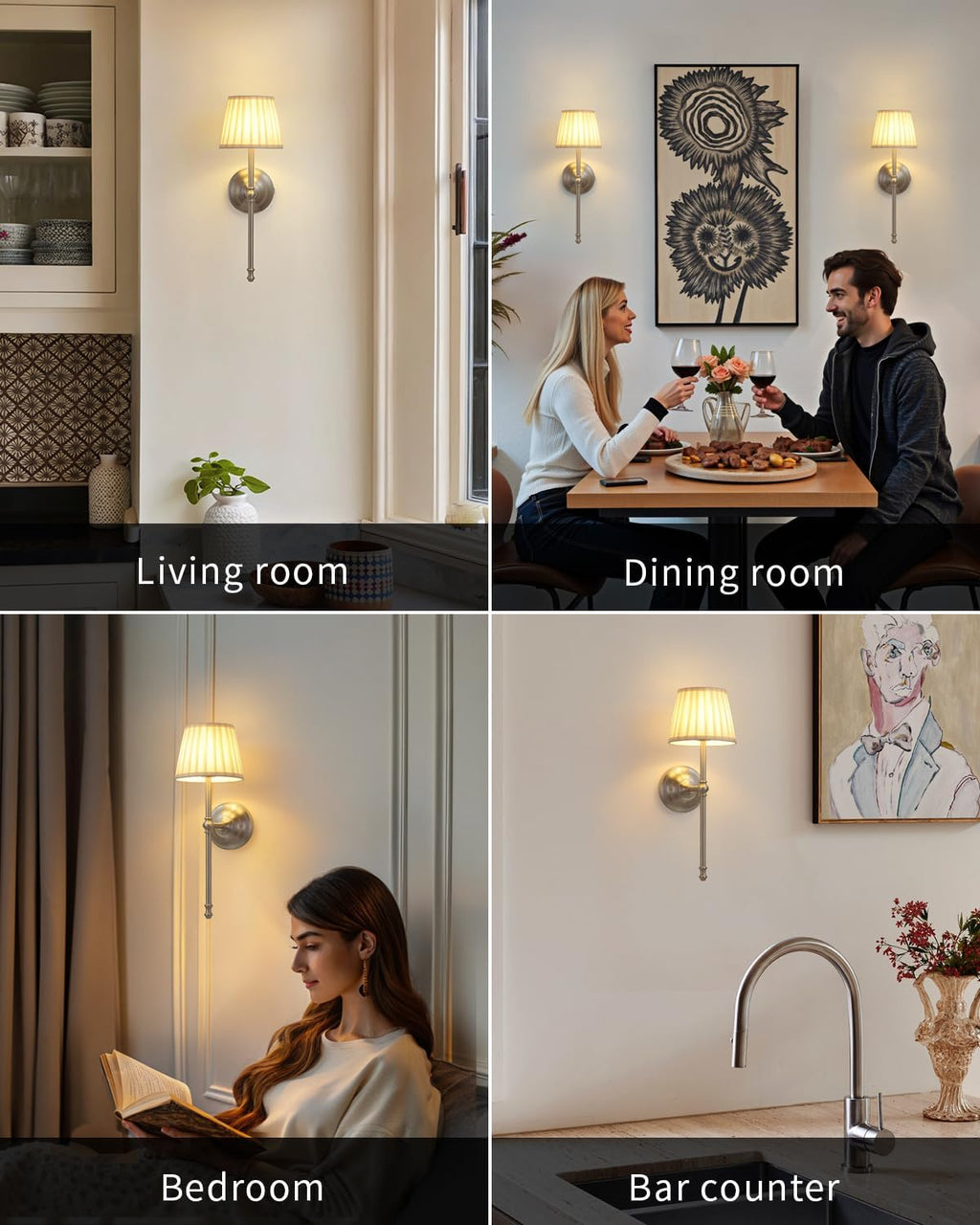 KDG Nickel Cordless Wall Sconces Set of 2, Beige Fabric LED Wall Lamp