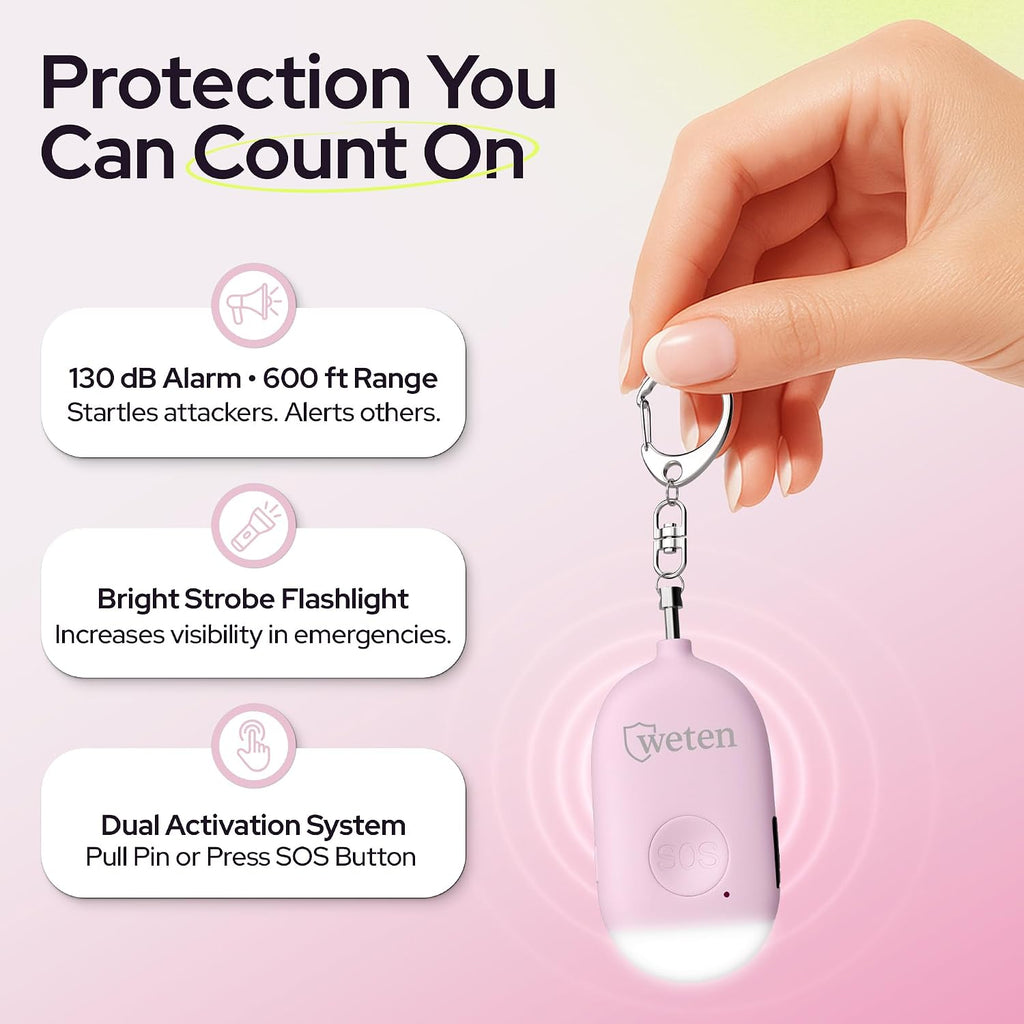 Weten Rechargeable Personal Alarm Keychain - 130dB Siren & LED Light - Stylish Personal Safety Alert for Women to Carry - Panic Button Alarm for Security - Rape Whistle for Self Defense (Pink)