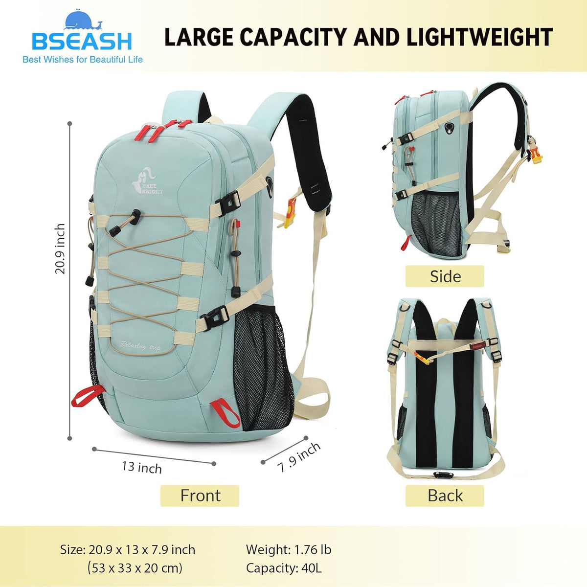 Bseash 40L Waterproof Hiking Camping Backpack with Rain Cover, Outdoor Sport Travel Bag Daypack for Climbing Skiing Cycling (Pink)
