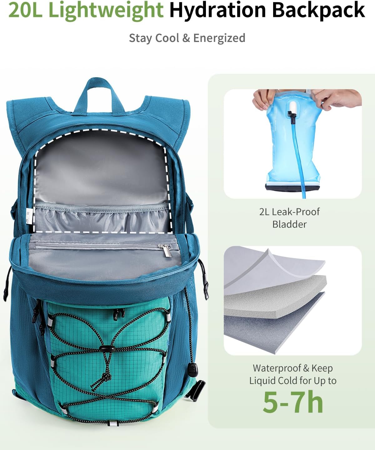 ECOHUB 20L Lightweight Hydration Backpack with 2L Water Bladder&Waist Pack