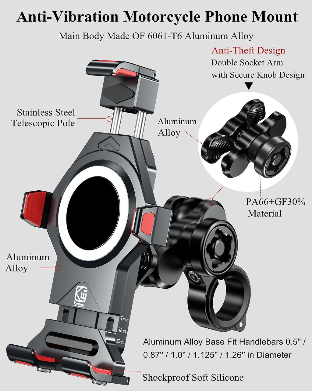 BRCOVAN Anti-Theft Aluminum Alloy Motorcycle Phone Mount Holder