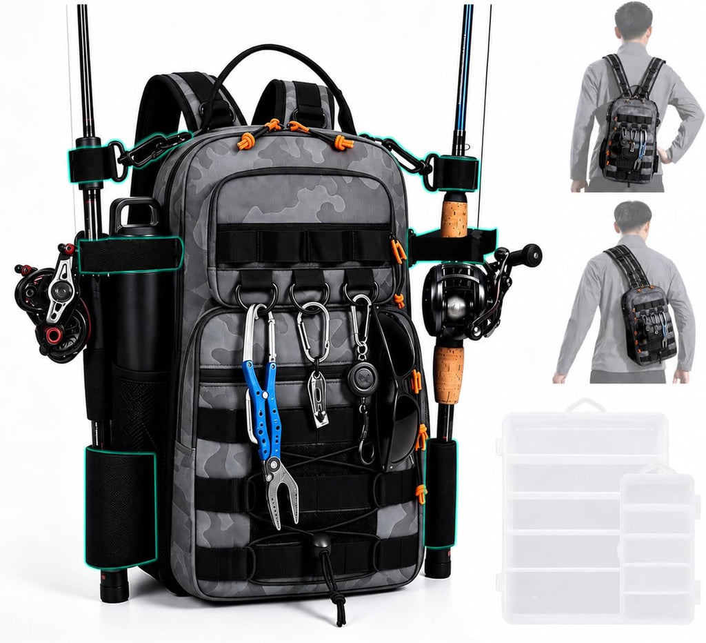 2 in 1 Compact Tactical Fishing Backpack with Tackle Boxes, Lightweight Waterproof Tackle Bag Fit 2 * 3600 Tackle Boxes, 2 Rod Holders Storage, Fishing Accessories Gift for Men Gray