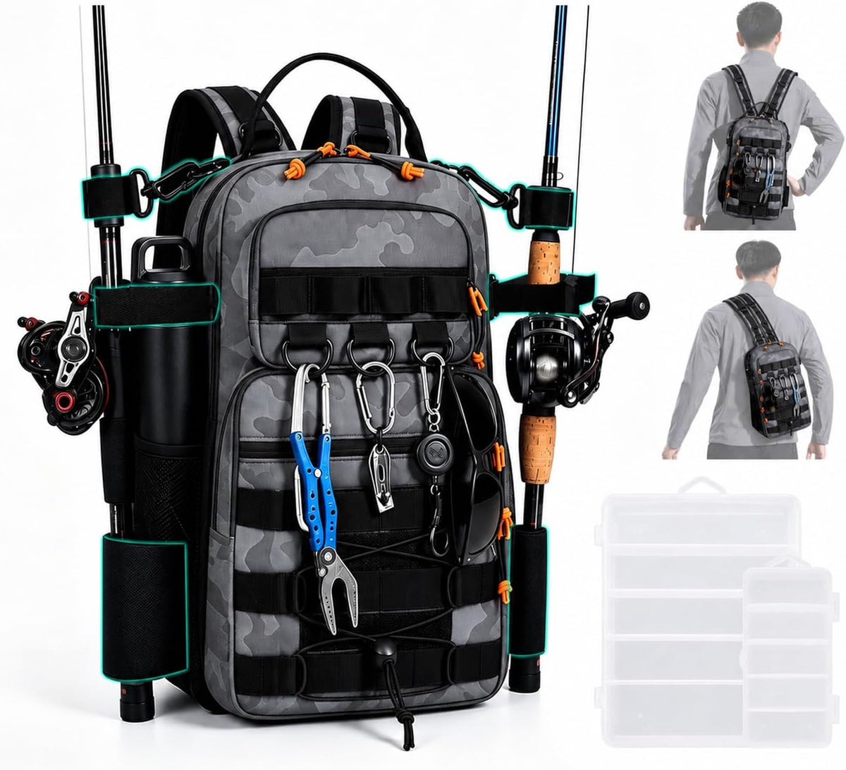 2 in 1 Compact Tactical Fishing Backpack with Tackle Boxes, Lightweight Waterproof Tackle Bag Fit 2 * 3600 Tackle Boxes, 2 Rod Holders Storage, Fishing Accessories Gift for Men Gray