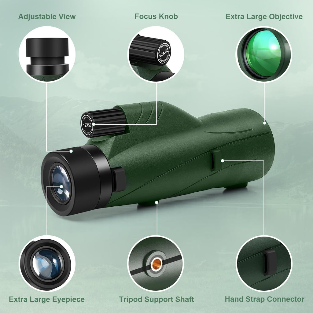 12x56 High Power Monocular Telescope with Tripod Bag, Handheld Monoculars for Adults with BAK4 Prism & FMC Lens, Suitable for Bird Watching Camping, New-Upgraded BAK4 - Hunter Green
