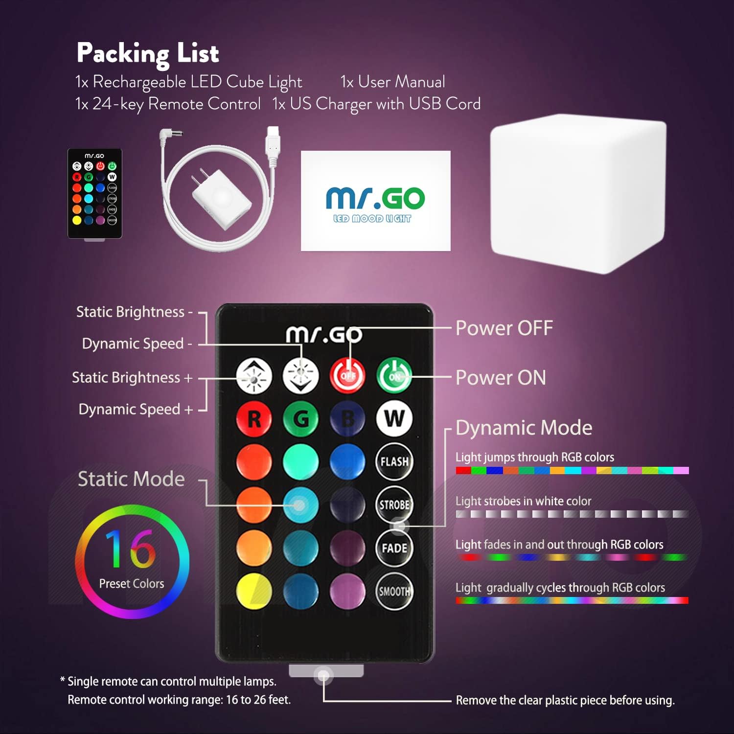 Mr.Go Rechargeable LED Color-Changing Light Cube 8-inch, Soothing Mood Lamp