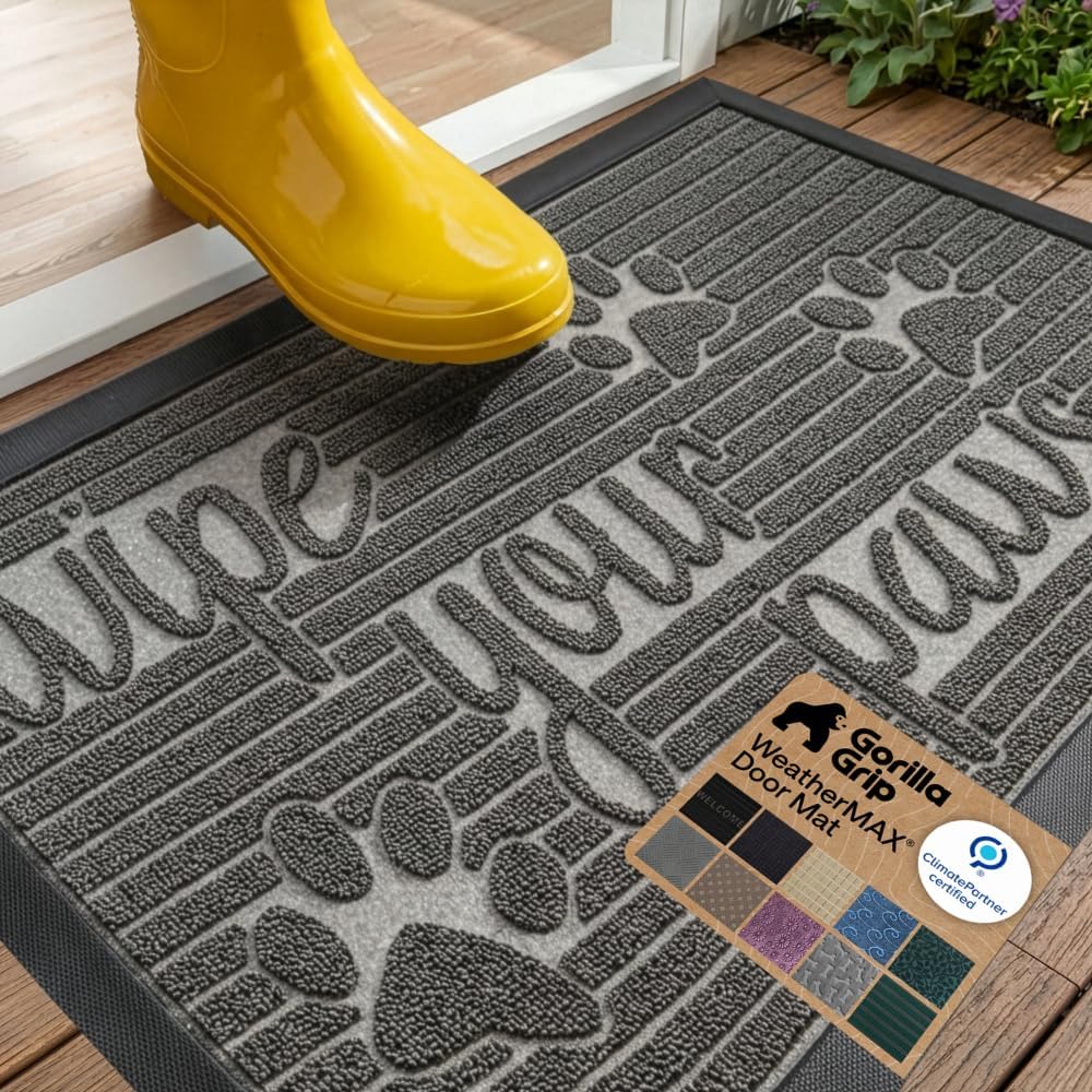 GORILLA GRIP WeatherMAX Door Mat, Indoor Outdoor Use, 29x17, Gray Paw
