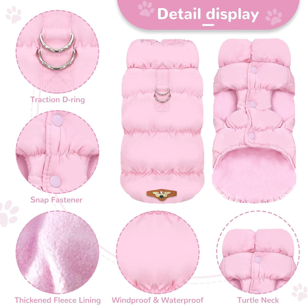 ABRRLO Winter Warm Dog Jacket for Small Medium Dogs Cat Cold Weather Coats with Harness Paded Dogs Fleece Vest Waterproof Windproof Dog Snow Jacket Pet Puppy Clothes (Pink,L)