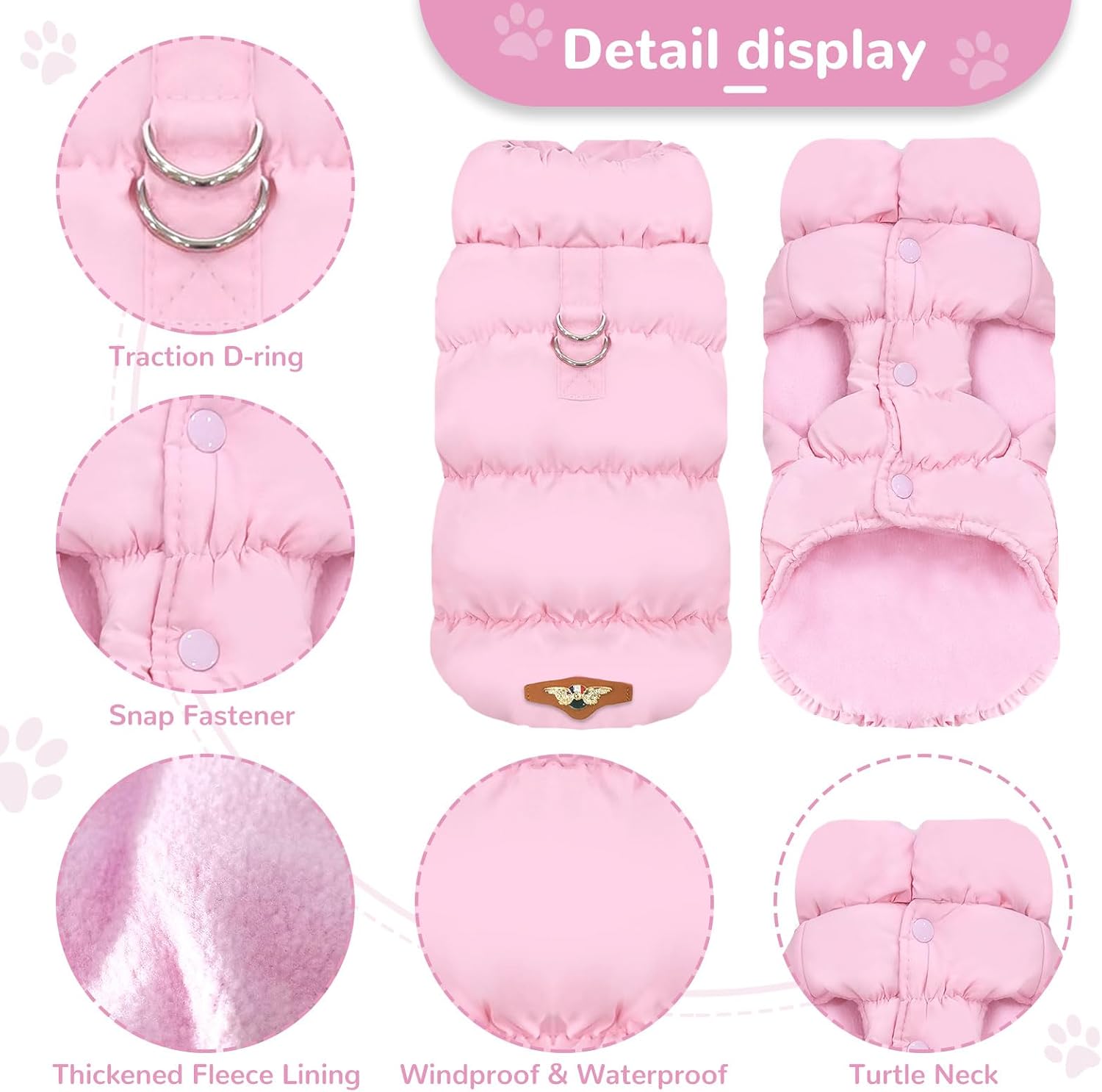 ABRRLO Winter Warm Dog Jacket for Small Medium Dogs Cat Cold Weather Coats with Harness Paded Dogs Fleece Vest Waterproof Windproof Dog Snow Jacket Pet Puppy Clothes (Pink,L)