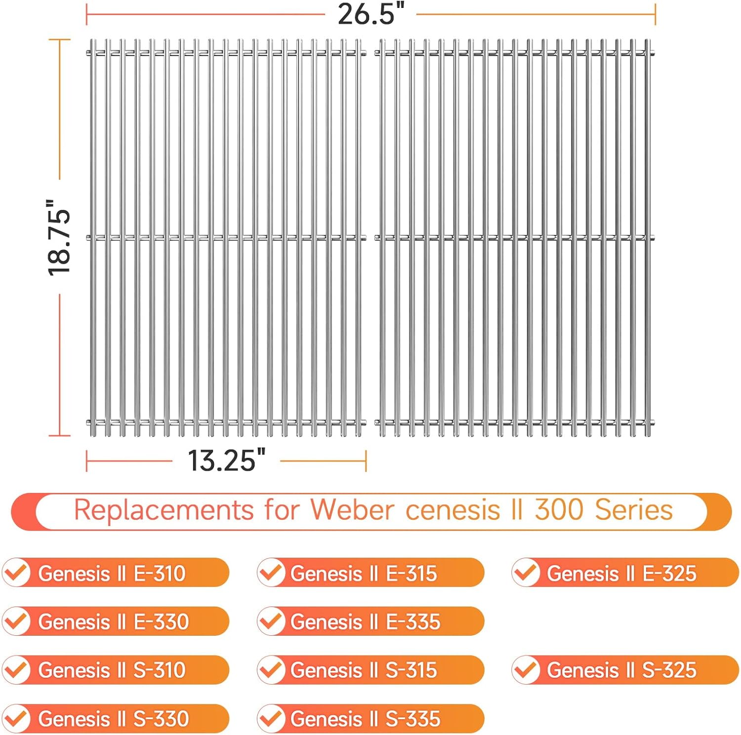 2pcs Stainless Steel Grill Grates for Weber, 18.75" x 26.5''