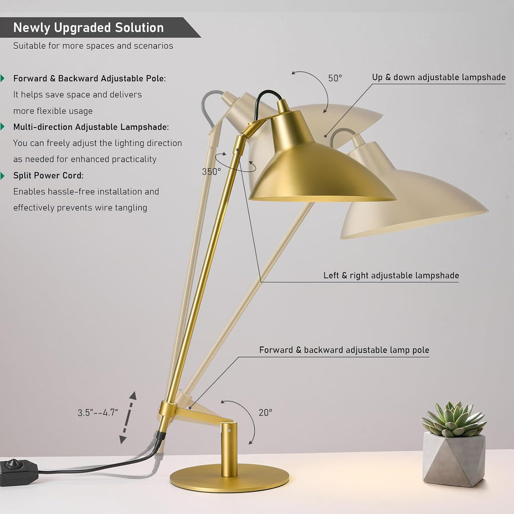 Desk Lamp Modern Industrial 100% Metal Adjustable Table Lamp 24", Natural Light (4000K) with Dimmer, Ideal for Office Bedroom Study Room Living Room Nightstand Bedside Lamps Brass