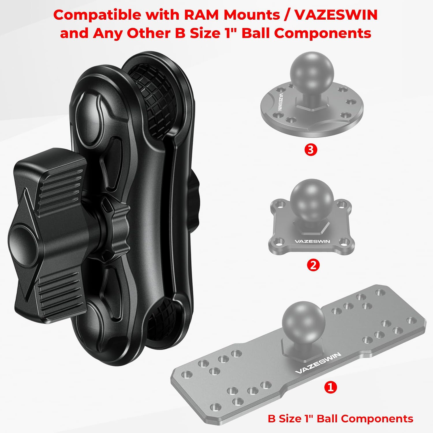 VAZESWIN 1" Ball Aluminum Alloy Double Socket Arm, 3.5" Length Medium Arm