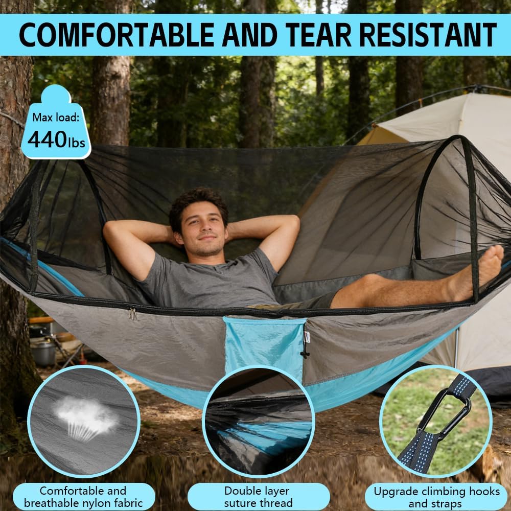 Camping Hammock with Mosquito Net - Double & Single Portable Hammocks with 2 Tree Straps, Lightweight Hammock Tent for Outdoor Camping, Hiking, Backpacking, Beach & Backyard (Blue)