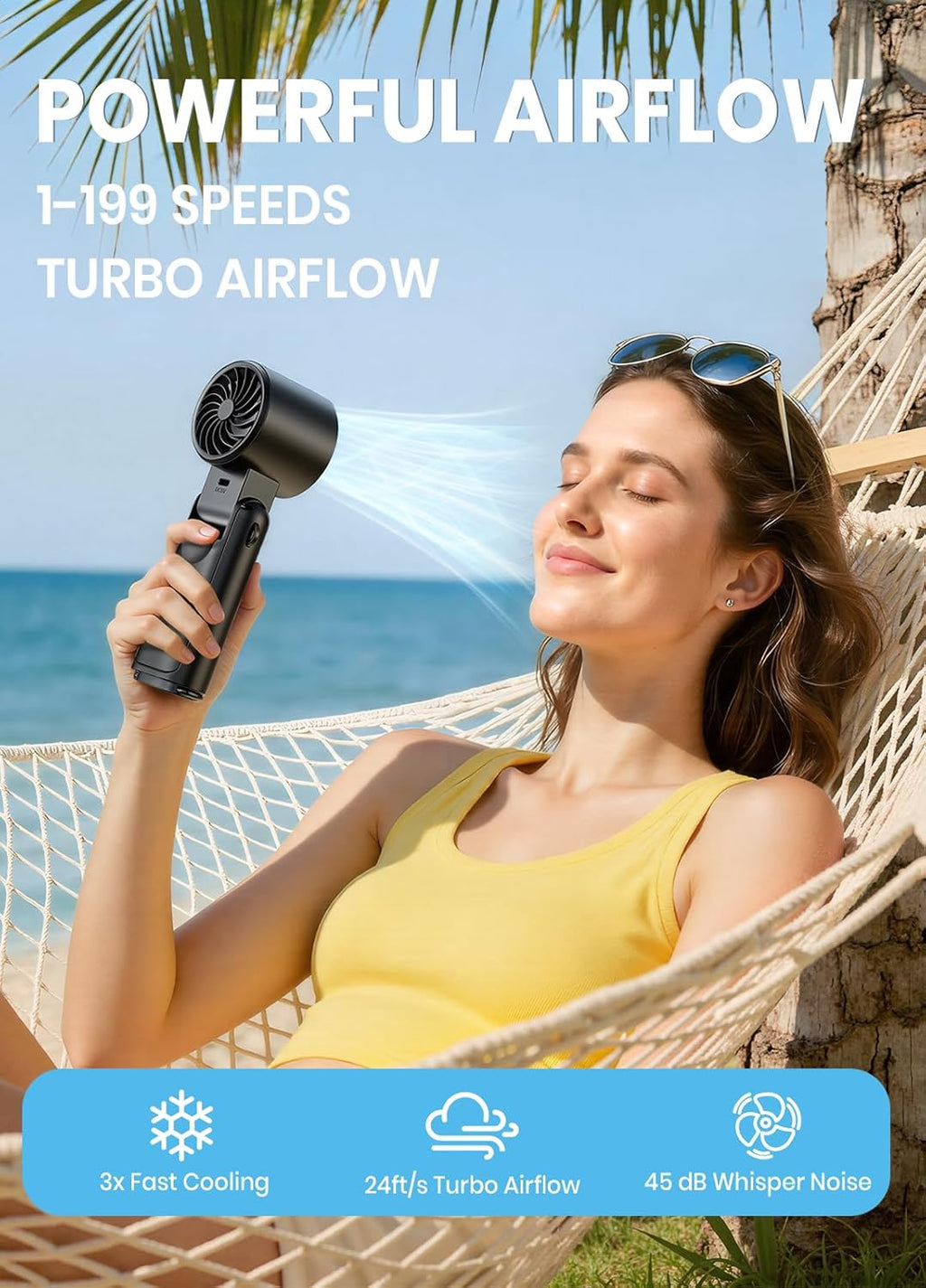 Portable Handheld Turbo Fan, 1-199 Speed Adjustable, Dark Black