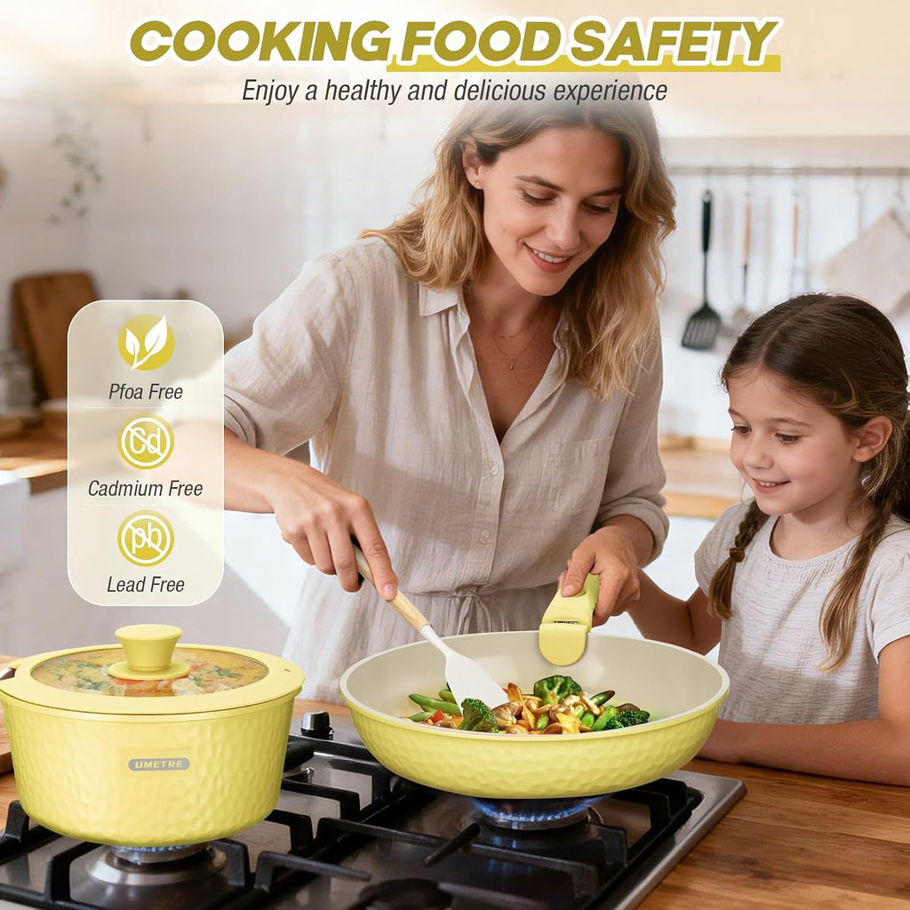 21 Pcs pots and Pans Set, Ceramic Nonstick Cookware Set Detachable Handle, Induction Kitchen Cooking Utensil Set with Removable Handle, Non Stick RV Pans Set, Dishwasher ＆ Oven Safe (yellow)