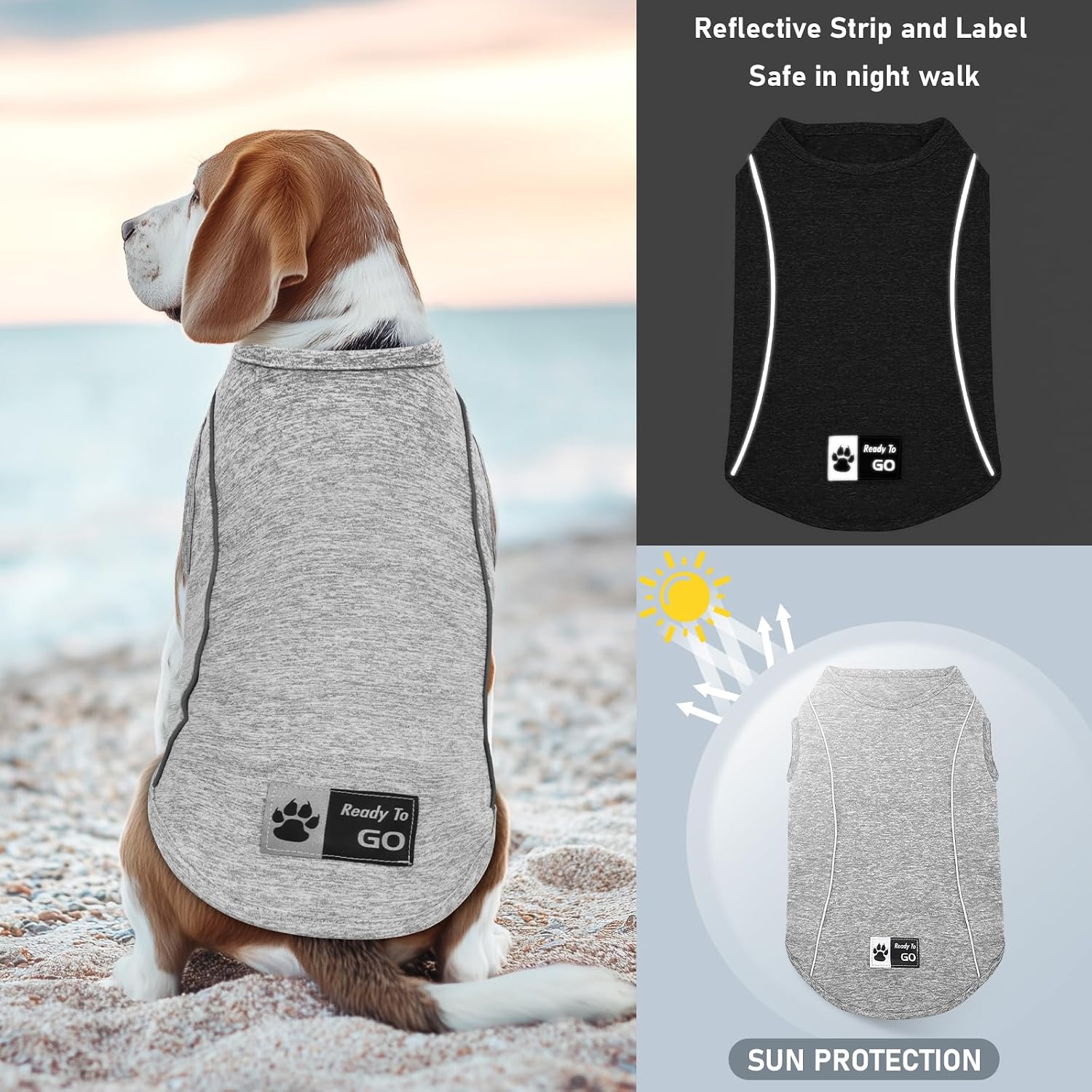 KYEESE Reflective Dog Shirt, Lightweight Sun Protection Dog T Shirts for Small Dogs, Breathable Sleeveless Pet Tank Top High Visibility Summer Dogs Clothes for Night Walking Outdoor, Grey, M
