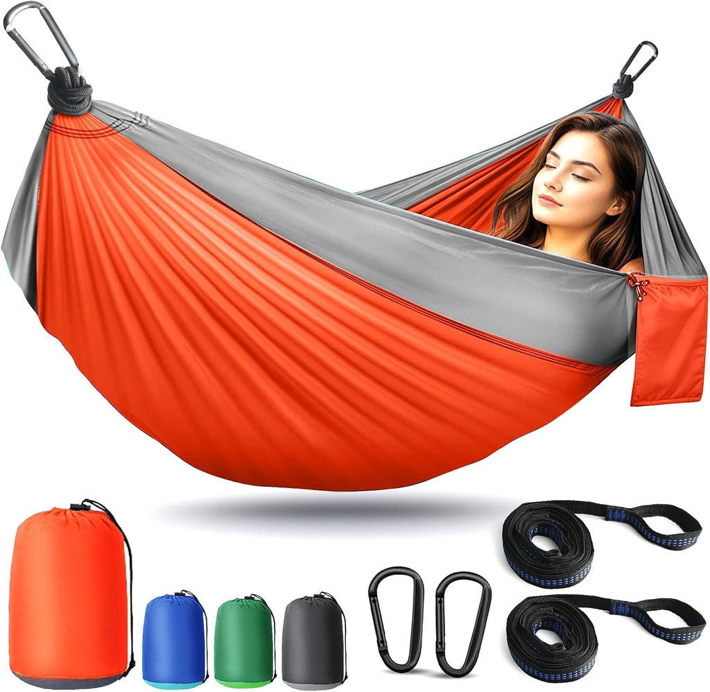 Camping Hammock Lightweight, Portable Hammocks Parachute Hammock with Two Tree Straps, Single or Double Travel Swing Nylon Camp Hammocks, Outdoor Essentials for Beach Backpacking Hiking, Orange