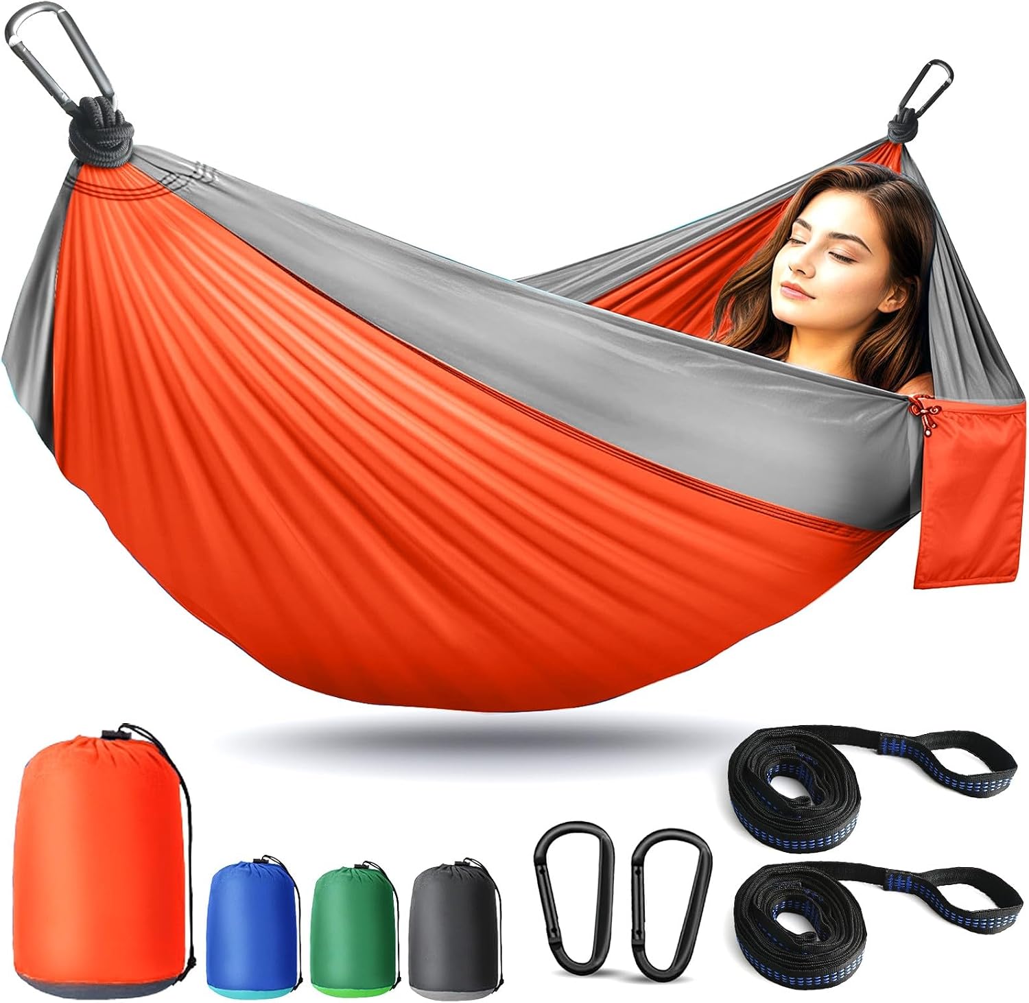 Camping Hammock Lightweight, Portable Hammocks Parachute Hammock with Two Tree Straps, Single or Double Travel Swing Nylon Camp Hammocks, Outdoor Essentials for Beach Backpacking Hiking, Orange