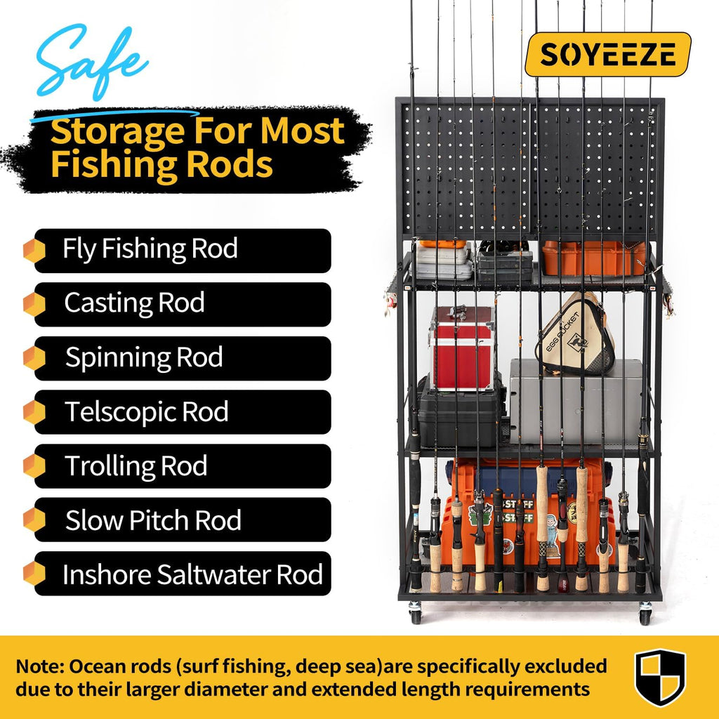 SOYEEZE Fishing Rod Holders for Garage, Fishing Pole Holder Up to 12 Rods with Pegboard and Hooks,Rolling Fishing Cart with Wheels, Fishing Gear Storage For Tackle Box & Reel Organization-4 Side Fence