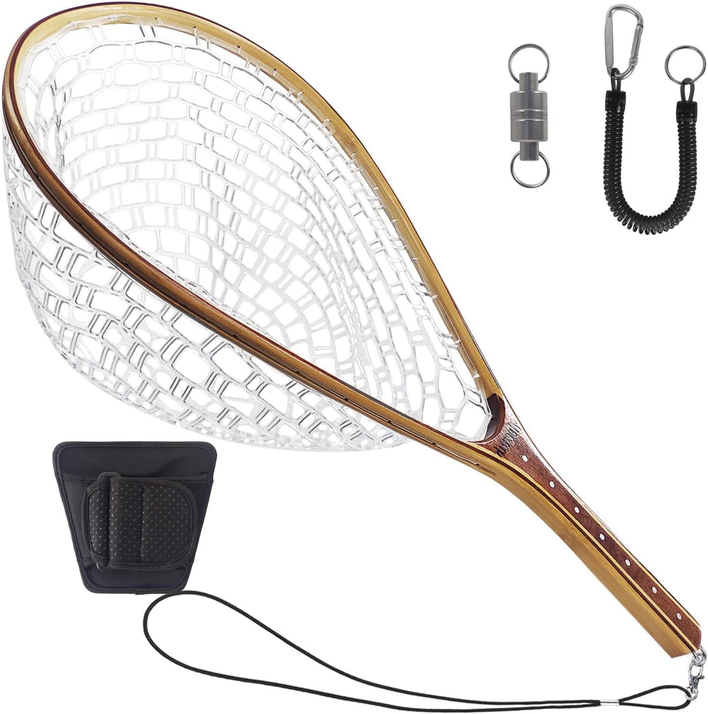 Aventik Fly Fishing Landing Net for Trout Soft Rubber Ghost Mesh Catch and Release Wooden Frame Lightweight and Tangle-Free