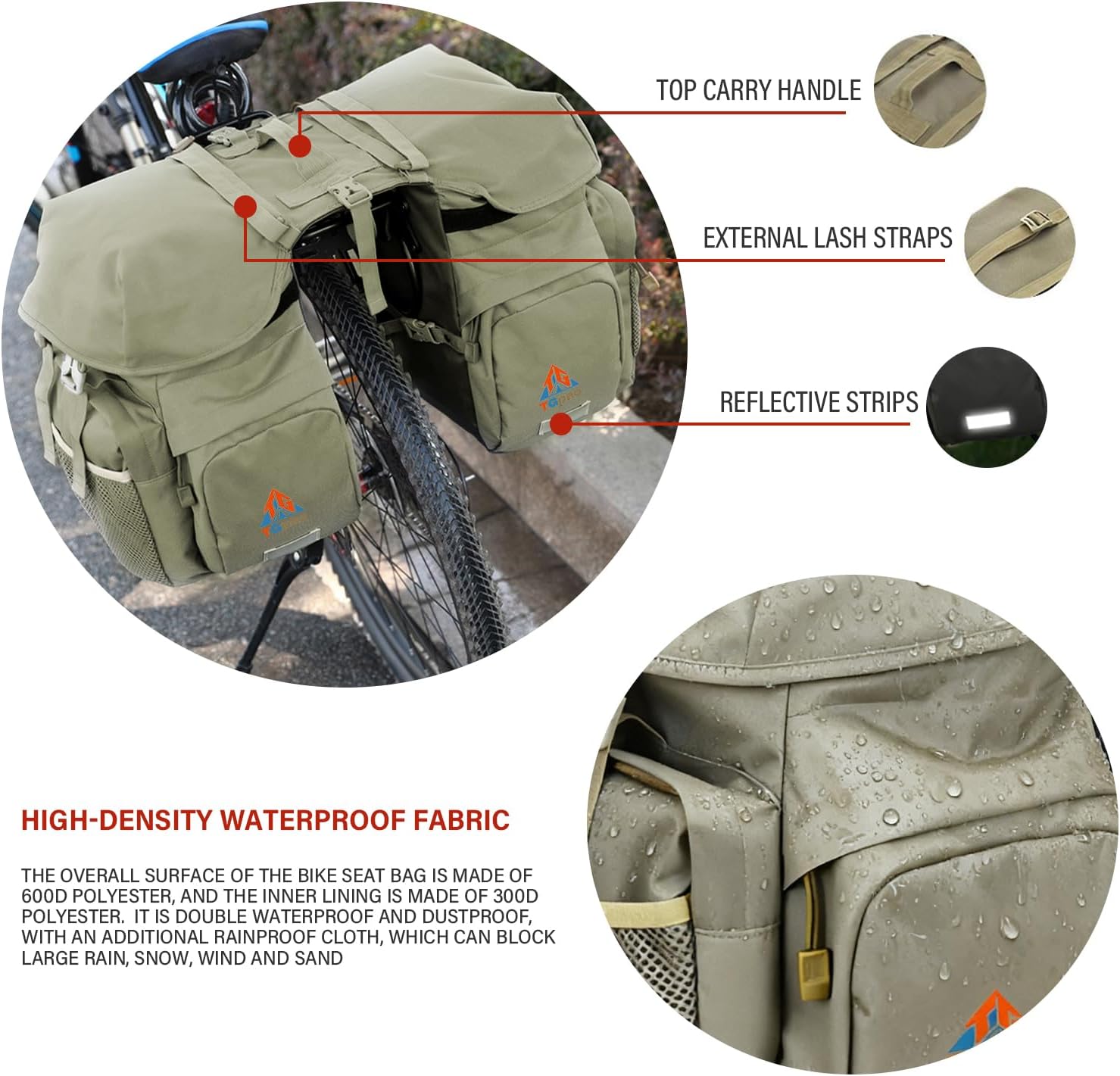Large Saddle Bags for Bike Rear Rack,Waterproof 50L Panniers Bike Bags for Bicycles/MTB/E-Bike,Bike Trunk Bag With Reflective Stripes,Support for Width Less Than 7 Inches Bike (Army Green,50L)