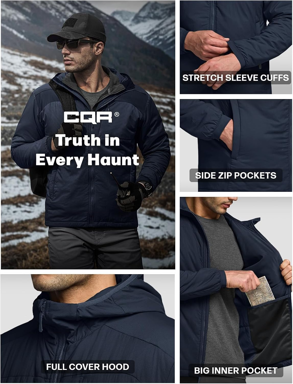 CQR Men's Lightweight Warm Insulated Jacket, Windproof Water Resistant Winter Active Coat for Hiking Work Outdoor Tactical
