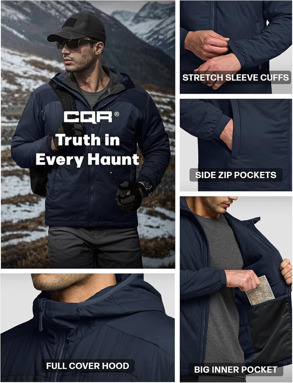 CQR Men's Lightweight Warm Insulated Jacket, Windproof Water Resistant Winter Active Coat for Hiking Work Outdoor Tactical