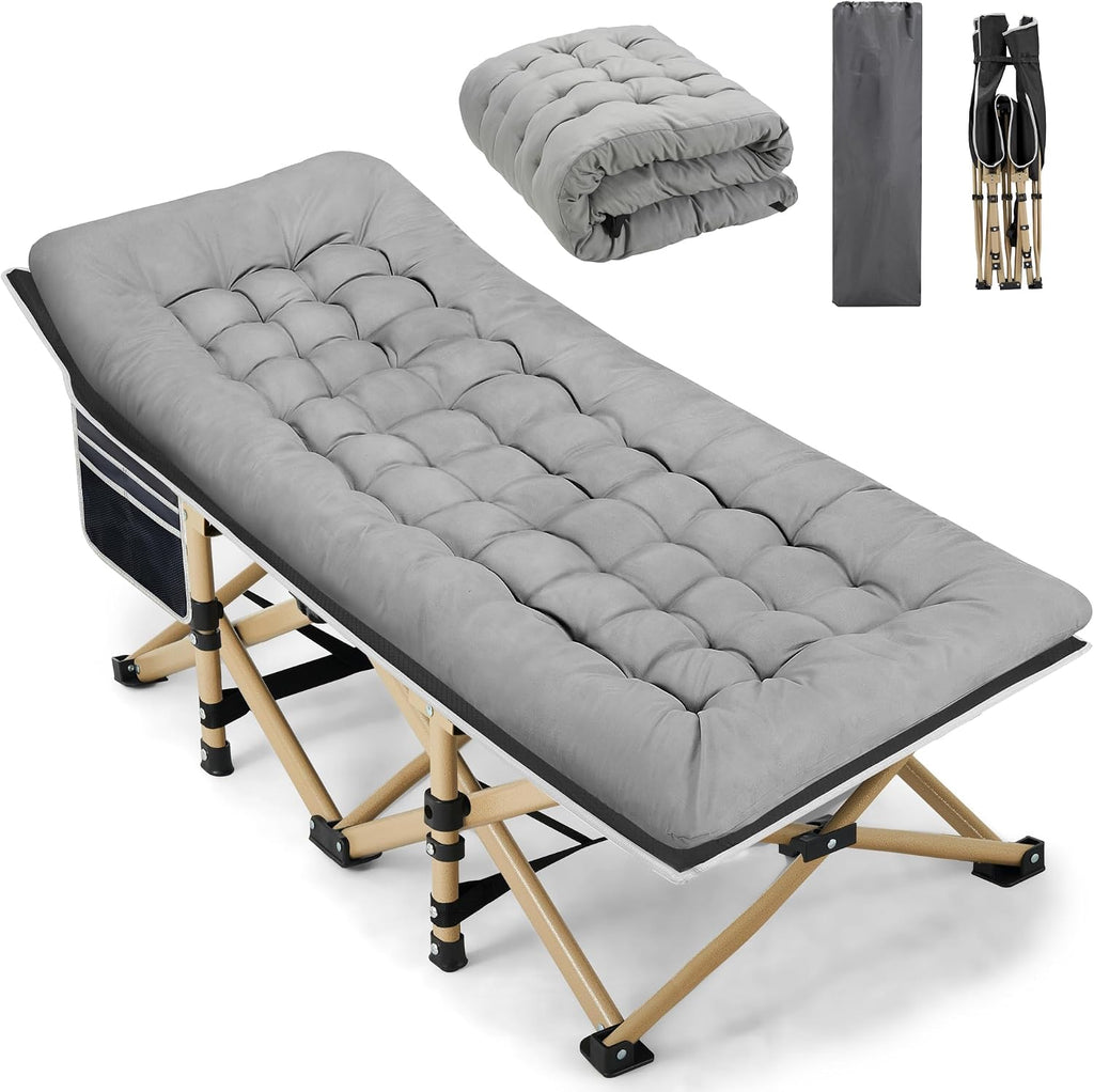 Fragess Portable Camping Cot, 600LBS Max Load, Extra Wide with Thick Mattress, Folding Cot for Outdoor Camping/Office, Home Nap (Grey)