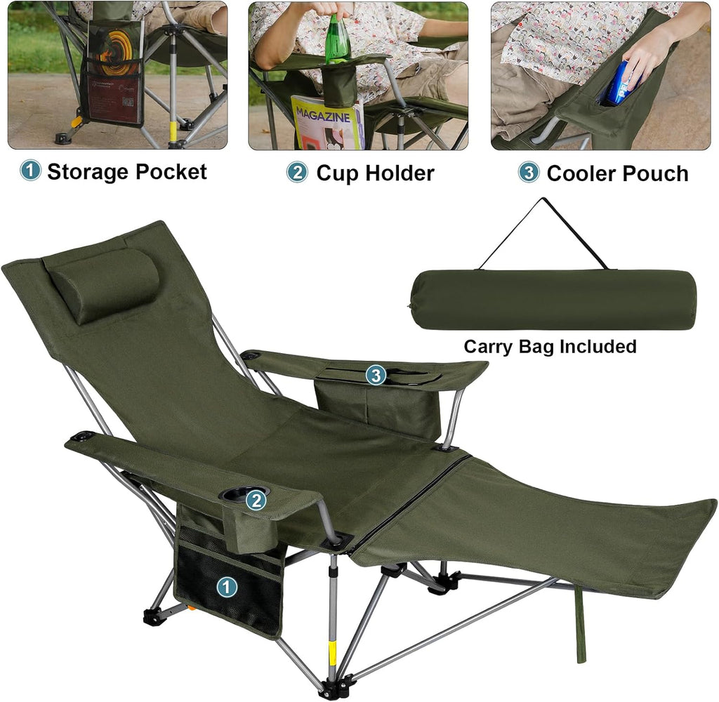 Romswi 2Pack 4-Position Reclining Camping Chair with Removable Footrest, 2-in-1 Adjustable Portable Lounge Chair with Cooler Bag, Cup Holder, Side Pockets & Carry Bag for Outdoor, Olive Green