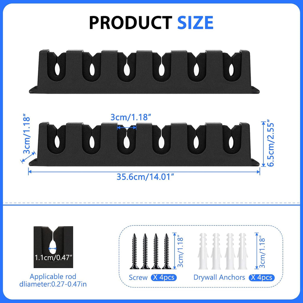 2-Set Horizontal Fishing Rod Holders Wall-Mounted Holds 12 Rods or Combos