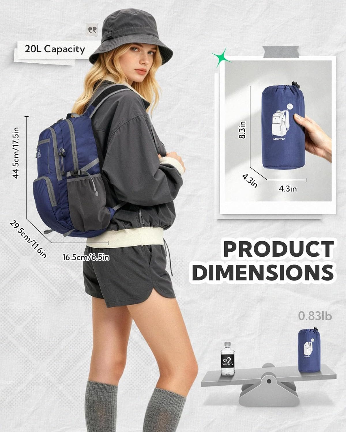 WATERFLY Packable Hiking Backpack, 20L Small Lightweight Foldable Daypack