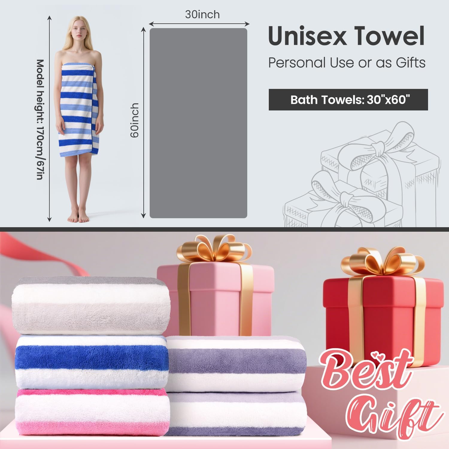 JML Bath Towels Set, 2 Pack, 30" x 60", Cabana Stripe Blue