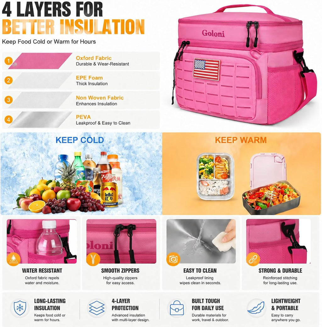 Goloni Lunch Box for Men & Women, Small Cooler Soft Thermal Leakproof Bag with Shoulder Strap, Multi-Pockets for Picnic, Beach, Camping