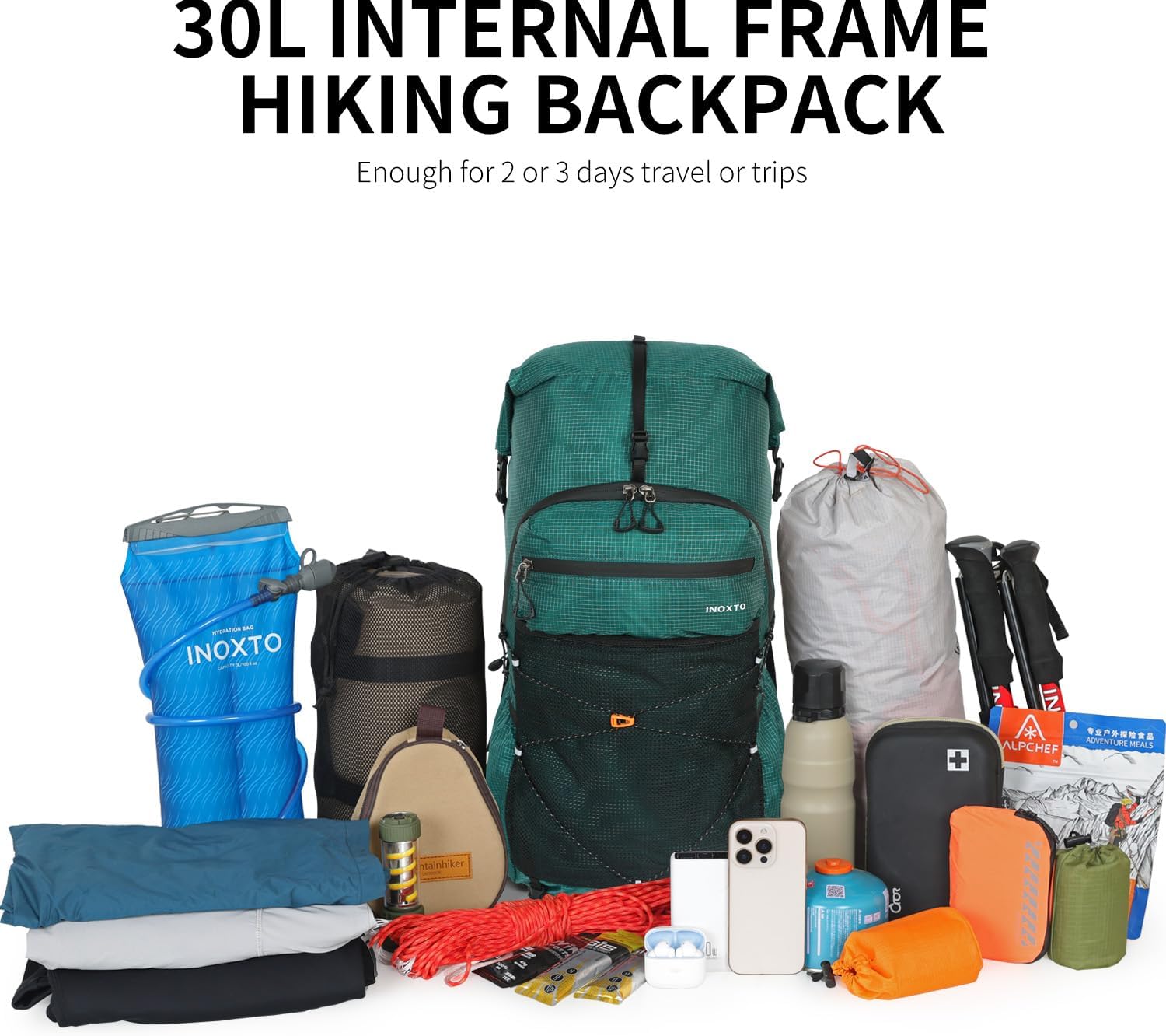 IX INOXTO Hiking Backpack for Men and Women, 30L Waterproof Camping Backpack with 3L Water Bladder and Rain Cover, Lightweight Outdoor Sport Travel Daypack Rucksack for Climbing Cycling (Dark green)
