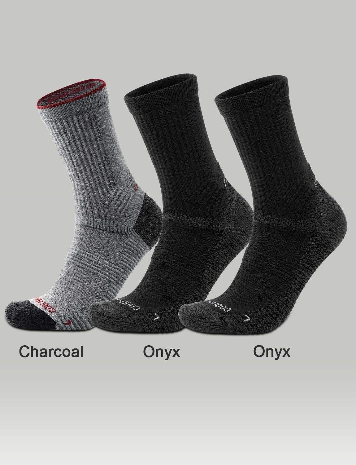 Juclise Mens Merino Wool Hiking Socks Micro Crew Compression Moisture Wicking Anti-Blister Cushioned Midweight (US, Alpha, Small, Regular, Regular, Charcoal*1 + Onyx*2)