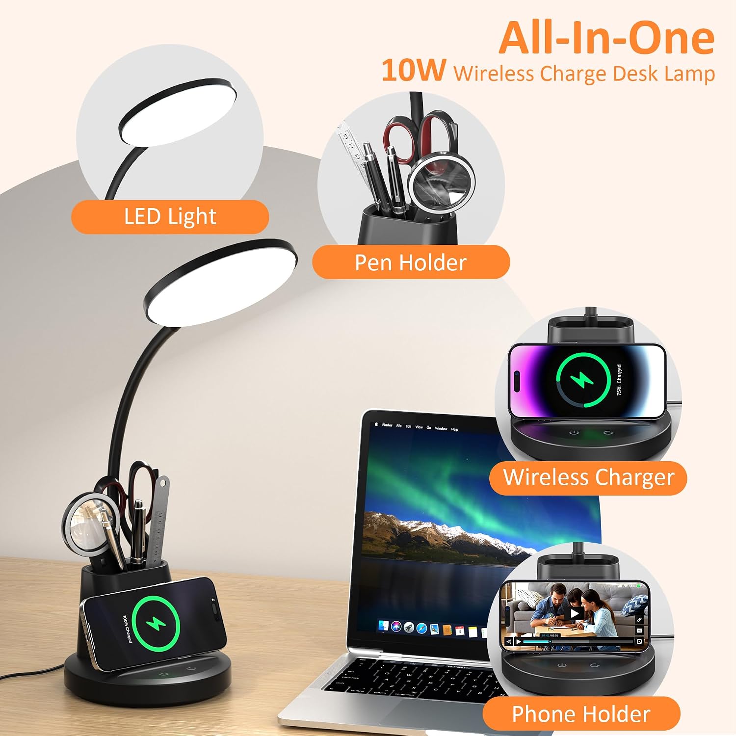 LED Desk Lamp with Wireless Charger for Home Office, Black