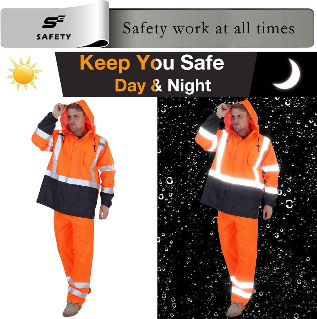 sesafety Hi Vis Rain Jacket, Rain Suits for Men Waterproof withBlack Bottom