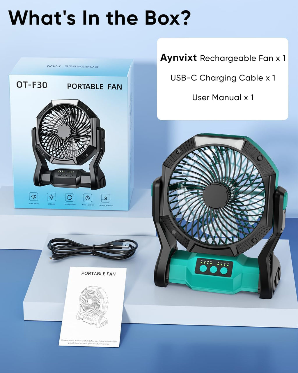 Portable Rechargeable Fan, 20000mAh Battery Powered Camping Fan with LED Light & Hook, 270° Adjustable, 4-Speed, 4H Timer Camping Essentials for Outdoor Tent Travel BBQ Car_Blue