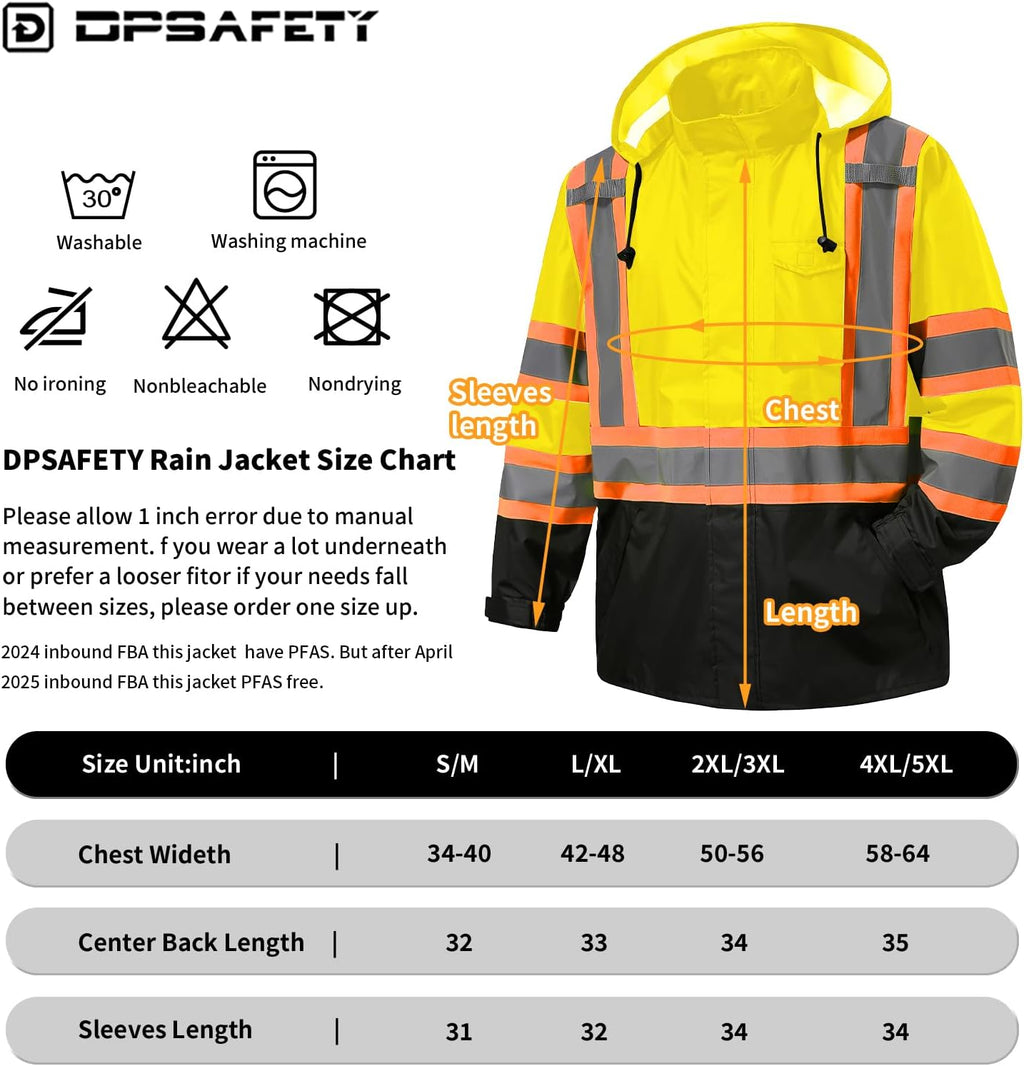 Reflective Rain jackets for men waterproof,Hi Vis Safety Coat With Reflective Strips，High Visibility Class 3 Rain jackets With 2 large pockets，Zipper,Lime,4XL/5XL