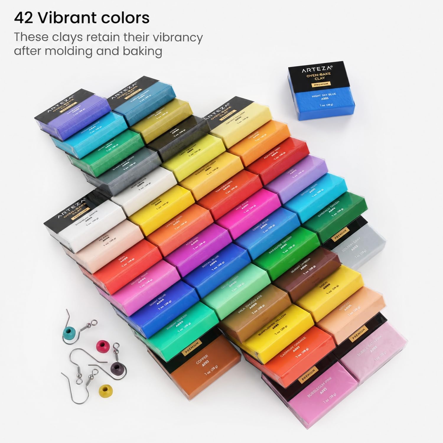 ARTEZA Polymer Clay Kit, 42 Colors with 5 Tools & Jewelry Findings, Oven-Bake Modeling Clay for Earrings, Charms, Miniatures, Jewelry & DIY Crafts