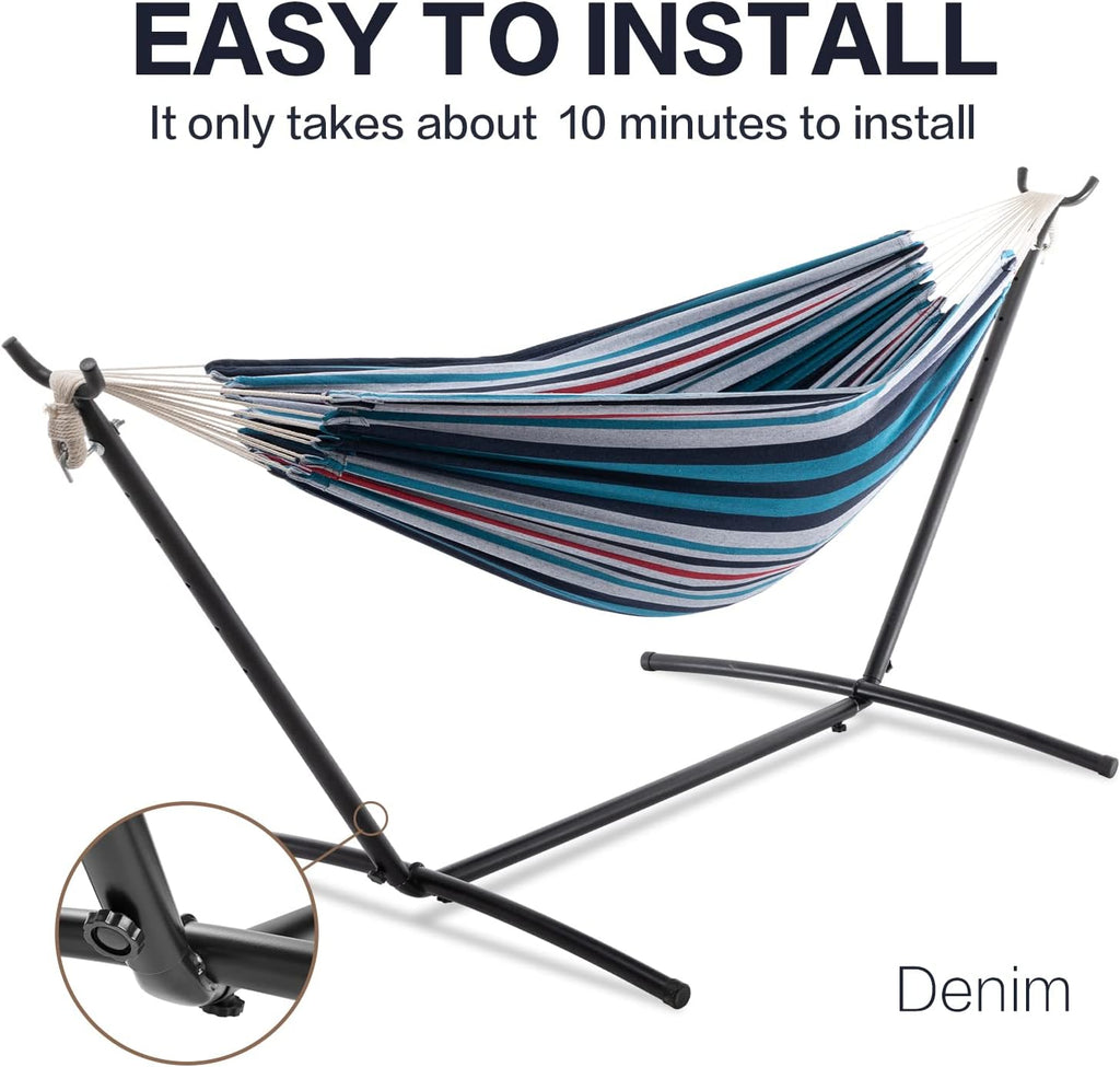 PNAEUT Double Hammock with Stand for Outside, Heavy-Duty, Portable (Denim)