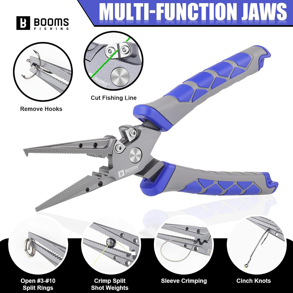 Booms Fishing Pliers Hook Remover: 7.5" Split Ring Pliers and Fish Hook Remover for Saltwater and Freshwater - Braid Line Cutter & Crimper with Lanyard - XW15 Multi-Function Fishing Tool for Angles