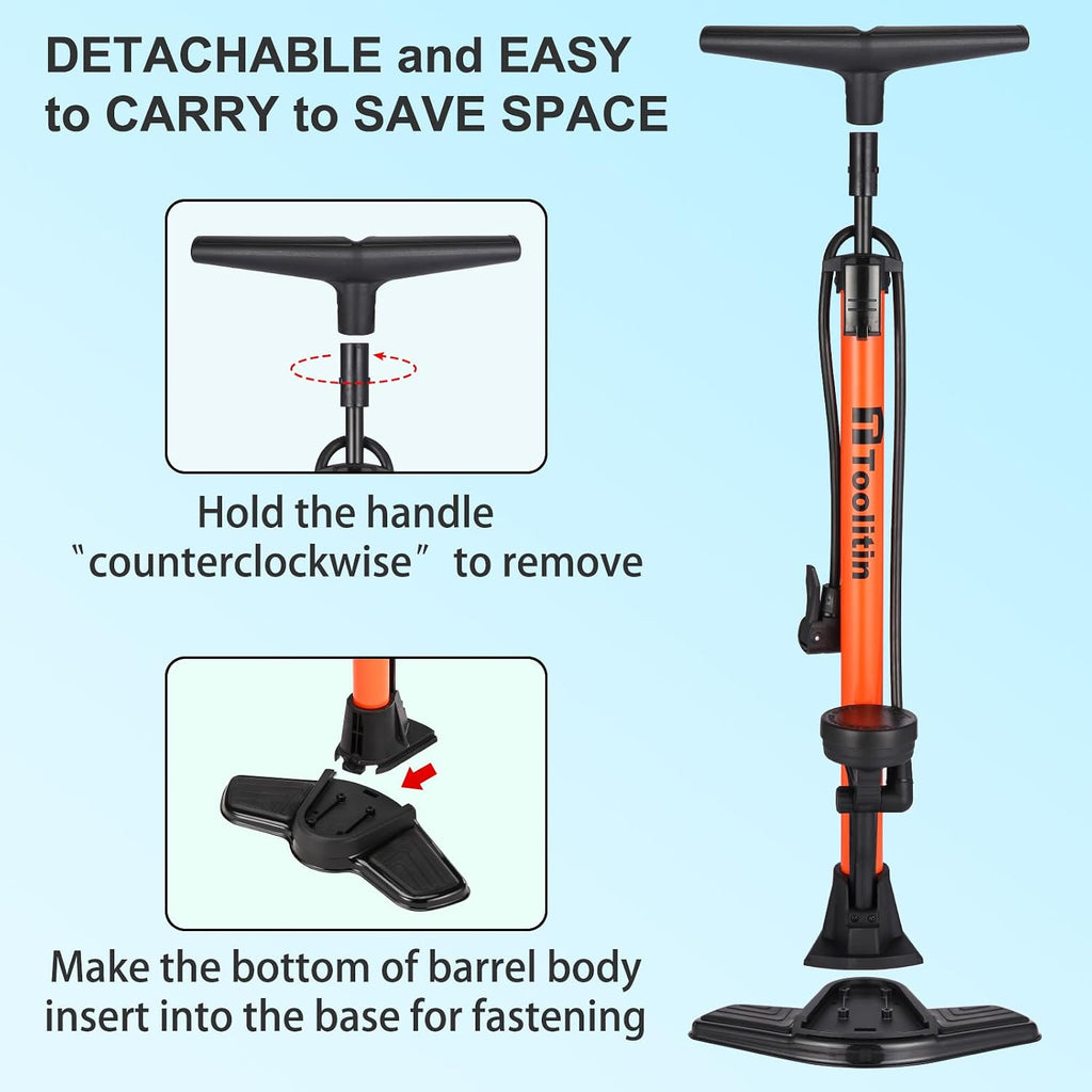 TOOLITIN Floor Bike Pump with Gauge,High Pressure,Bicycle Pump Compatible with Presta and Schrader Valve,Bike Tire Pump for Road Bike,MTB,Hybrid,Balls