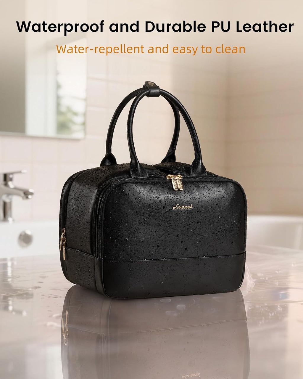 LOVEVOOK Travel Toiletry Bag for women, Leather Large Wide-open Makeup Bag, Waterproof Cosmetic Bag Organizer for Shower, Traveling, Toiletries, Bathroom