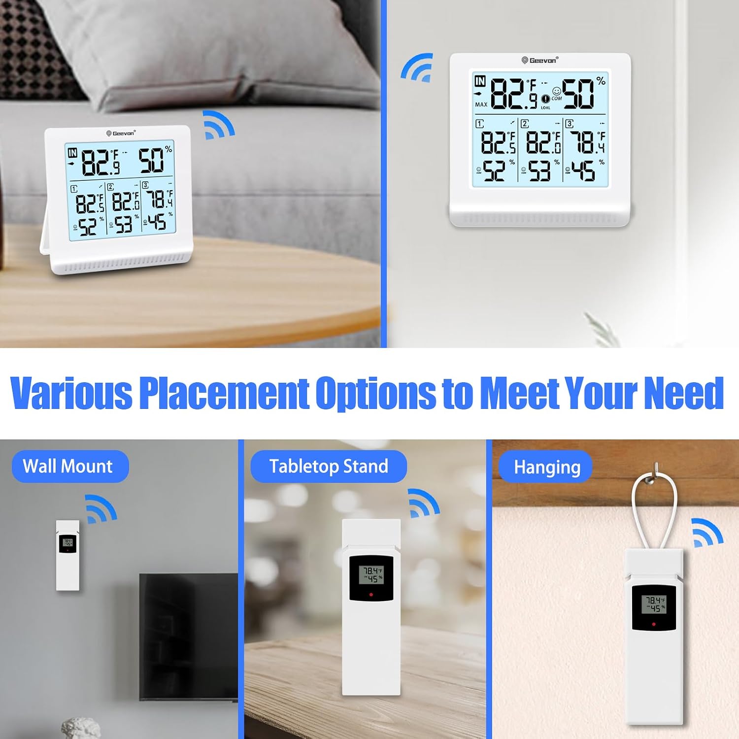 Geevon Indoor Outdoor Thermometer Wireless with 3 Remote Sensors, Digital Hygrometer Thermometer, Temperature Gauge Humidity Monitor with Backlight, 200FT/60M Transmission Range