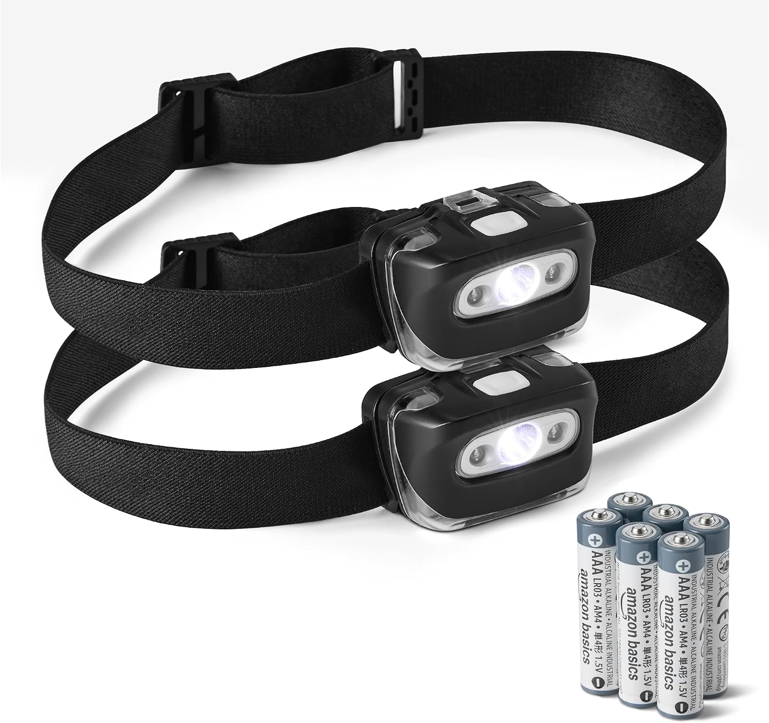 Amazon Basics Outdoor and Camping Essentials Headlamps, 45-Degree Adjustable, 7 Lighting Modes with Red Light, Water Resistant, 2-Pack, Black