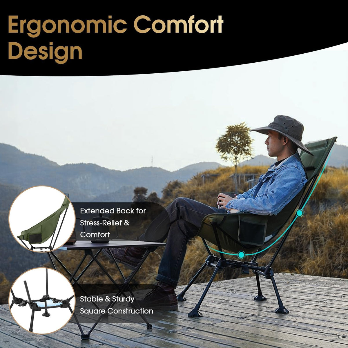 MOON LENCE High Back Folding Camping Chairs, Height-Adjustable, Widened Seat, for Beach with Anti-Sinking Feet (Green)