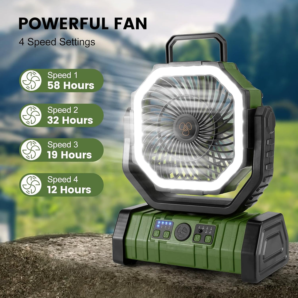 Odoland 30000mAh Camping Fan with LED Lantern, Rechargeable Battery Fan | Operated Oscillating Fan with Remote & Hook, Portable Tent Fan with Timer, 4 Speeds for Outdoor Camp RV Power Outage, Green